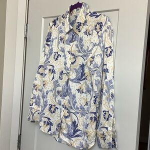 Rachel Zoe White Dress Shirt with Blue & Gold Scroll Print